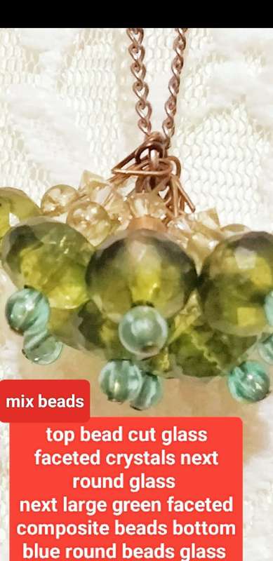1 NECKLACE -pendant cluster glass crystal+composite beads metal+chain look at my Buy Now -No Waiting