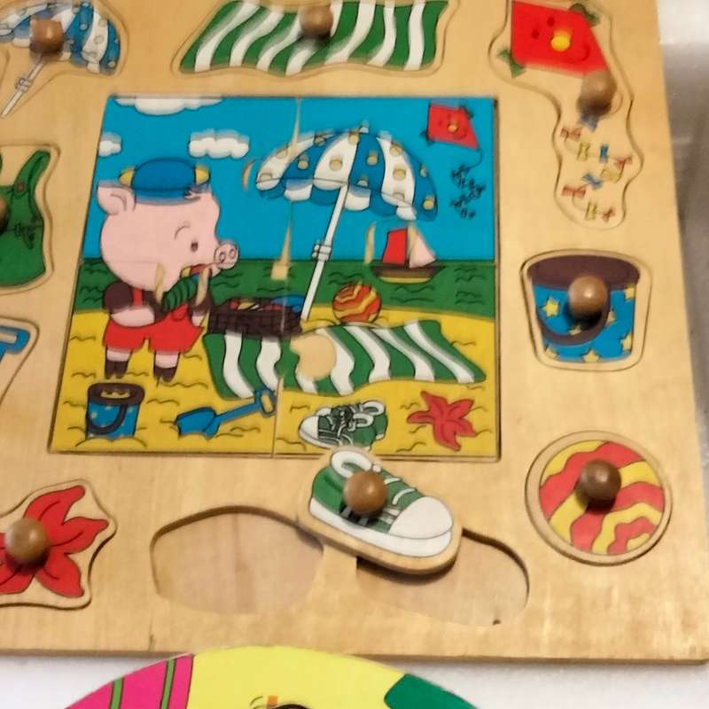 toys Wooden Peg Puzzles X2 bright pretty 1 piece missing showing ware+ extra peg shapes+2sqblocks+ 2