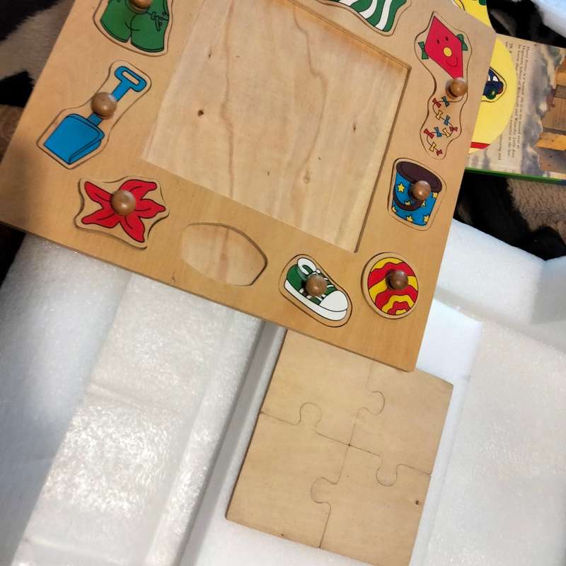 toys Wooden Peg Puzzles X2 bright pretty 1 piece missing showing ware+ extra peg shapes+2sqblocks+ 2