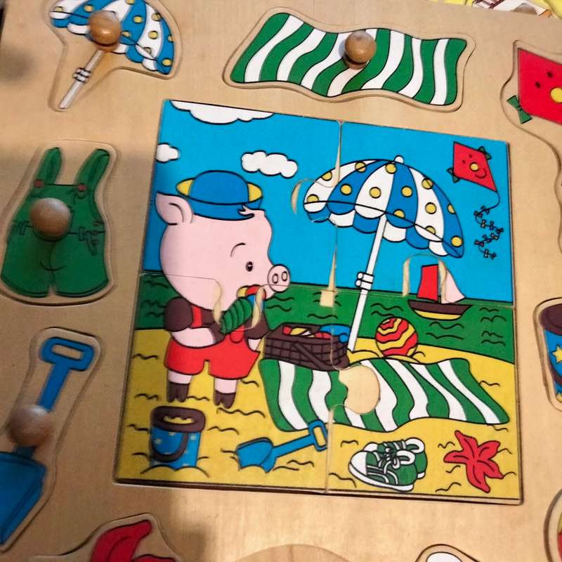 toys Wooden Peg Puzzles X2 bright pretty 1 piece missing showing ware+ extra peg shapes+2sqblocks+ 2