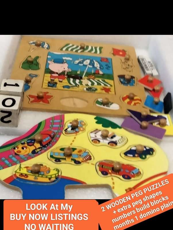 toys Wooden Peg Puzzles X2 bright pretty 1 piece missing showing ware+ extra peg shapes+2sqblocks+ 2