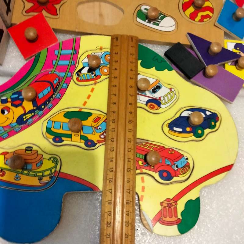 toys Wooden Peg Puzzles X2 bright pretty 1 piece missing showing ware+ extra peg shapes+2sqblocks+ 2