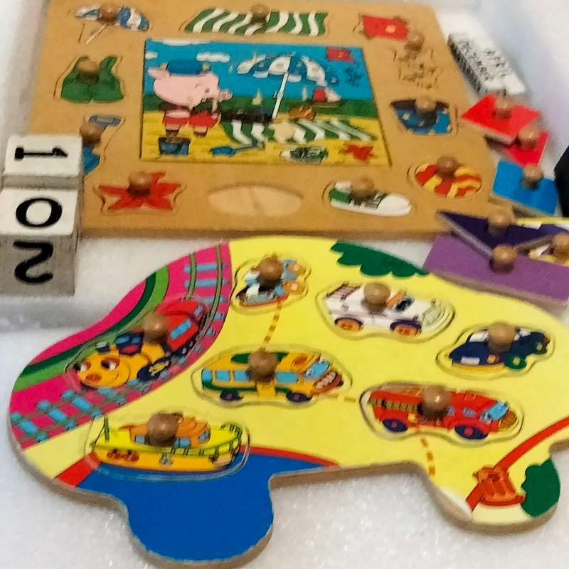 toys Wooden Peg Puzzles X2 bright pretty 1 piece missing showing ware+ extra peg shapes+2sqblocks+ 2
