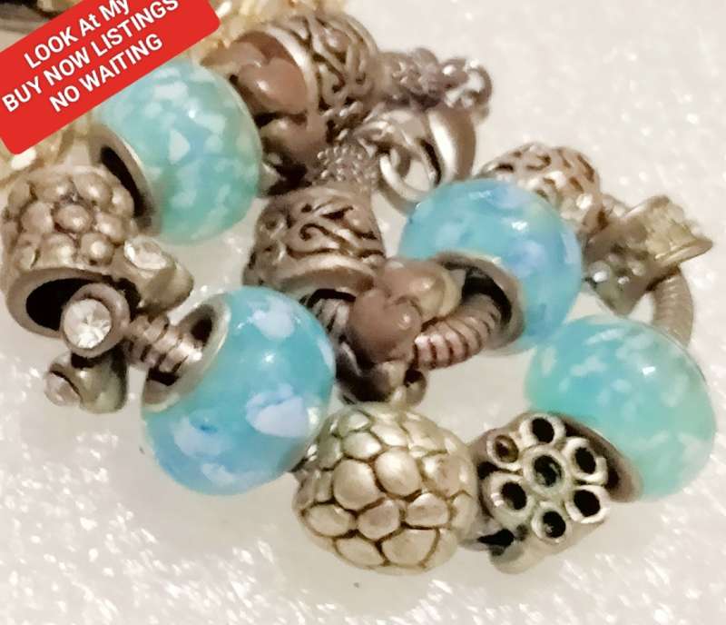 BRACELET Italian style 1 snake chain+ vintage charms and glass beads - silver tone metal core spacer