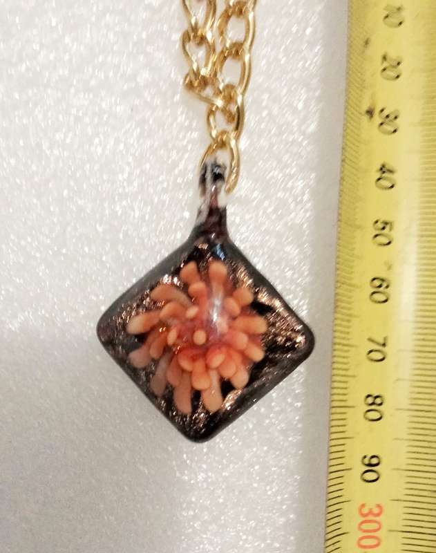 Necklace ITALIAN dichroic Glass flower Lampwork Gold Flakes+Chain Look at my Buy Now No Waiting