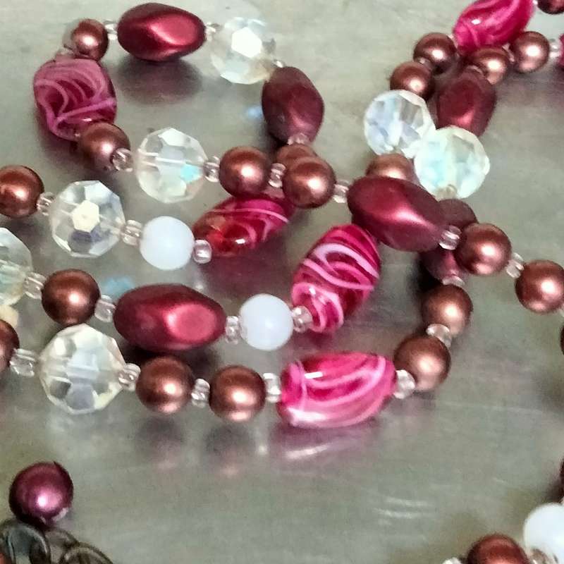 Necklace Bib 3 strand Czechoslovakia Purple Swirl glass hand made+Crystals faceted cut glass beads
