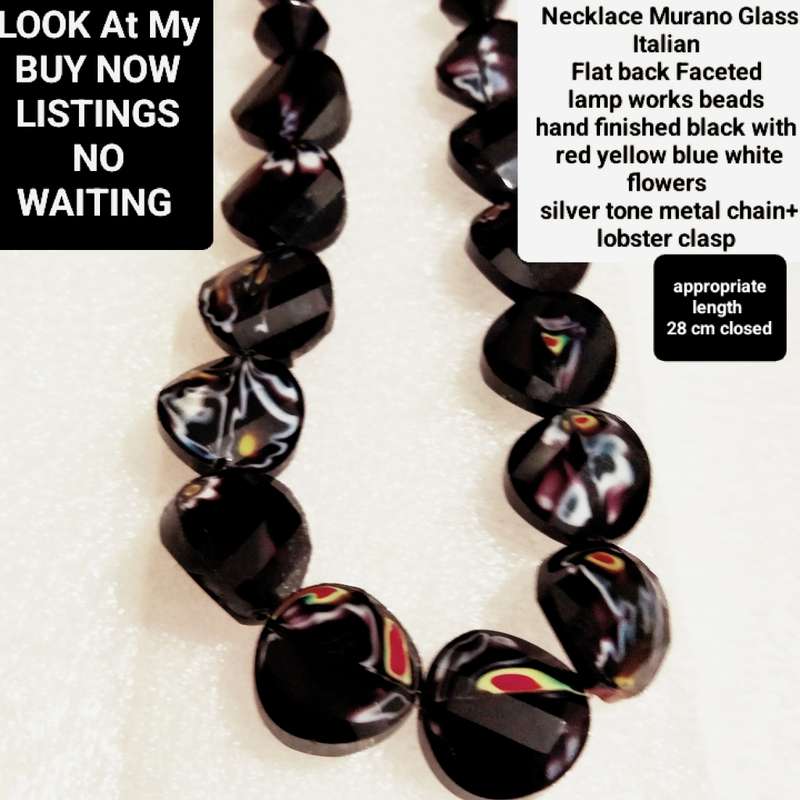 Necklace Murano glass Lampwork black flat back hand made flowers red yellow blueish Lobster clasp