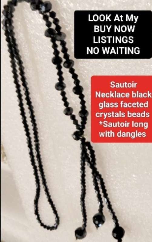 Necklace Sautoir Murano faceted beads  beads black glass hand made
