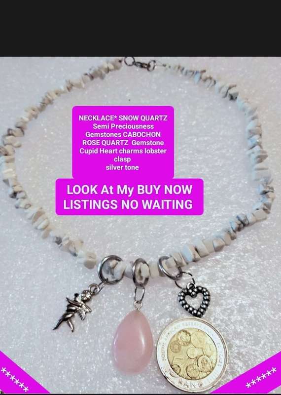 Necklace SNOW Quartz semi-precious gemstone+ ROSE QUARTZ cabochon+Cupid+heart charmsilver tone Clasp
