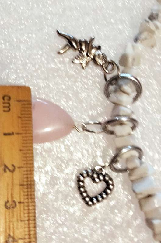 Necklace SNOW Quartz semi-precious gemstone+ ROSE QUARTZ cabochon+Cupid+heart charmsilver tone Clasp
