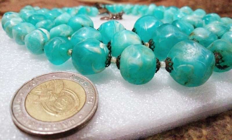 Necklace - Bib 3 Strand composite graduating blue white swirls round beads