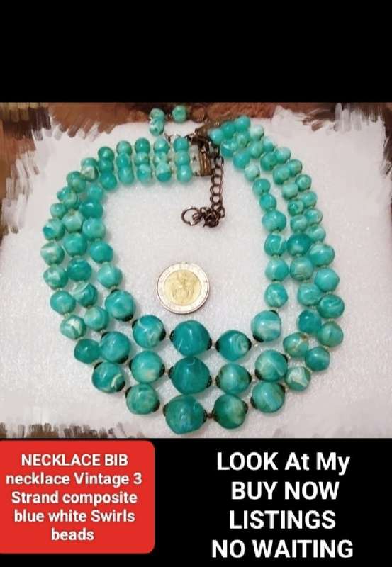 Necklace - Bib 3 Strand composite graduating blue white swirls round beads
