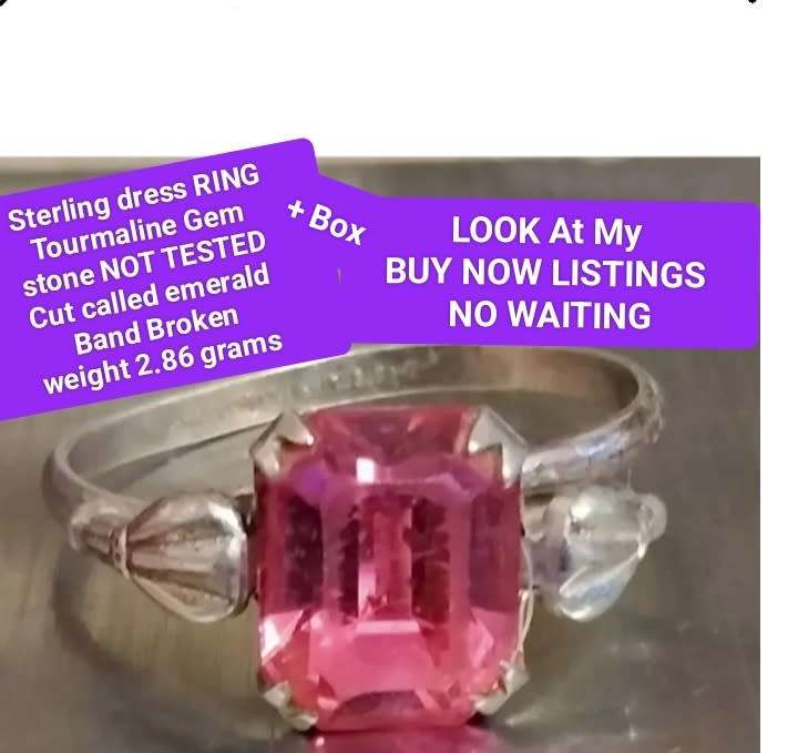STERLING SILVER Ring stone PINK CUT emerald *Band broken*Box shows ware*LOOK My BUY NOW*NO WAITING