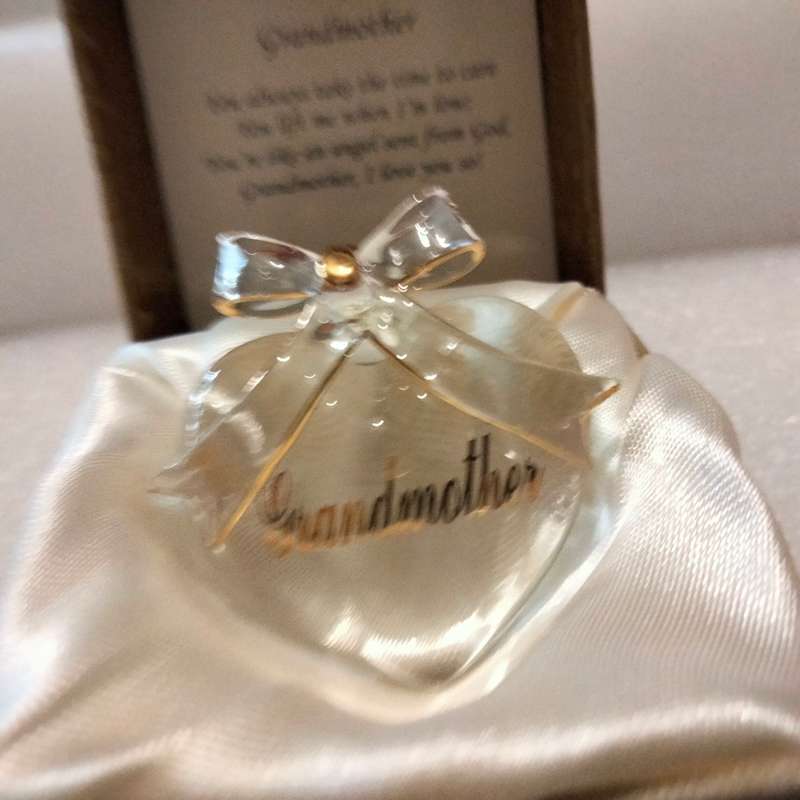 Glass Heart  - Grandmother Sentiment gilt trim Bow +Original box