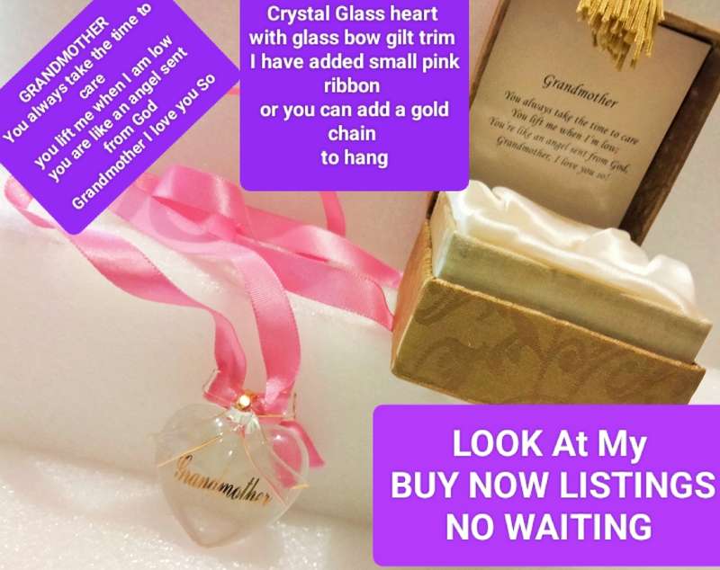 Glass Heart  - Grandmother Sentiment gilt trim Bow +Original box