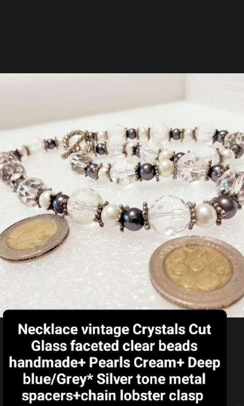 Necklace Czecholavakia large cut glass faceted crystals + cream+ grey Blue Pearls faux