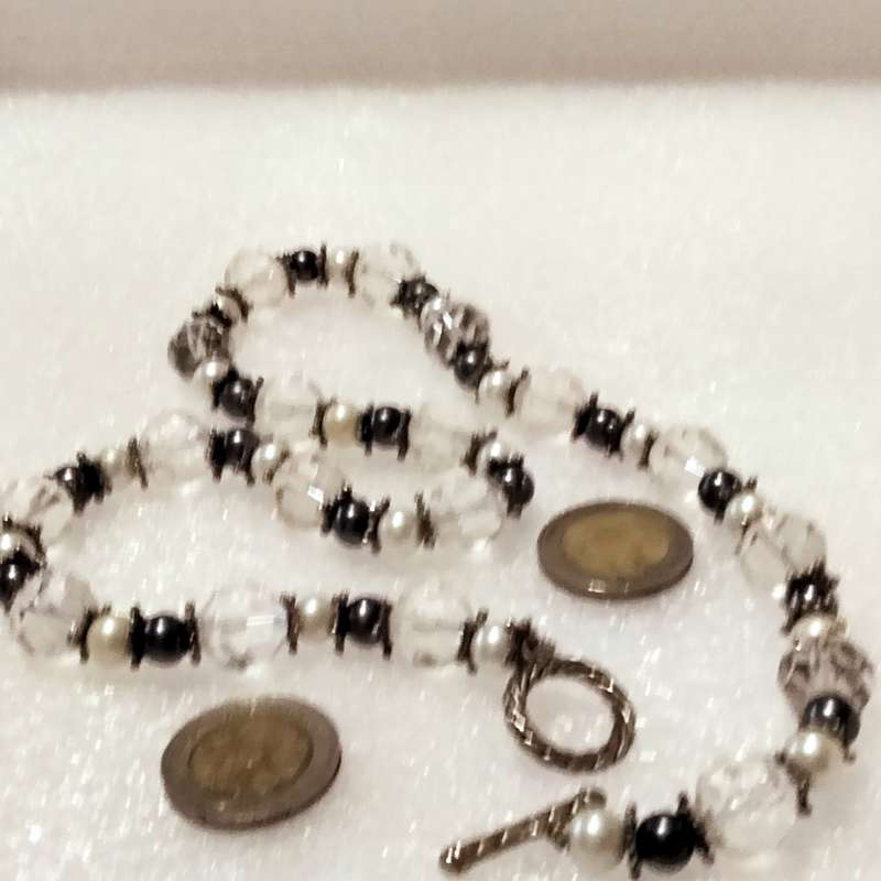 Necklace Czecholavakia large cut glass faceted crystals + cream+ grey Blue Pearls faux