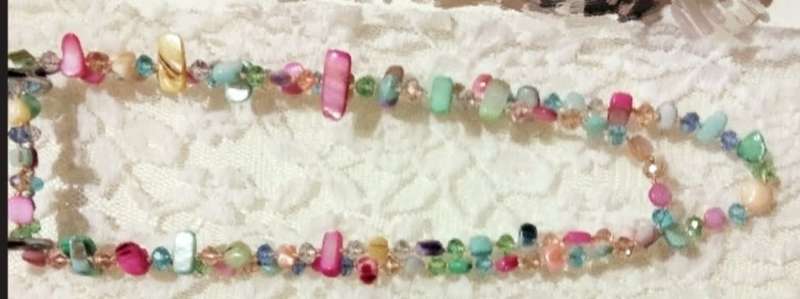 Necklace Genuine Mother of Pearl+ crystals cut glass Pastel shades hand knott between each bead