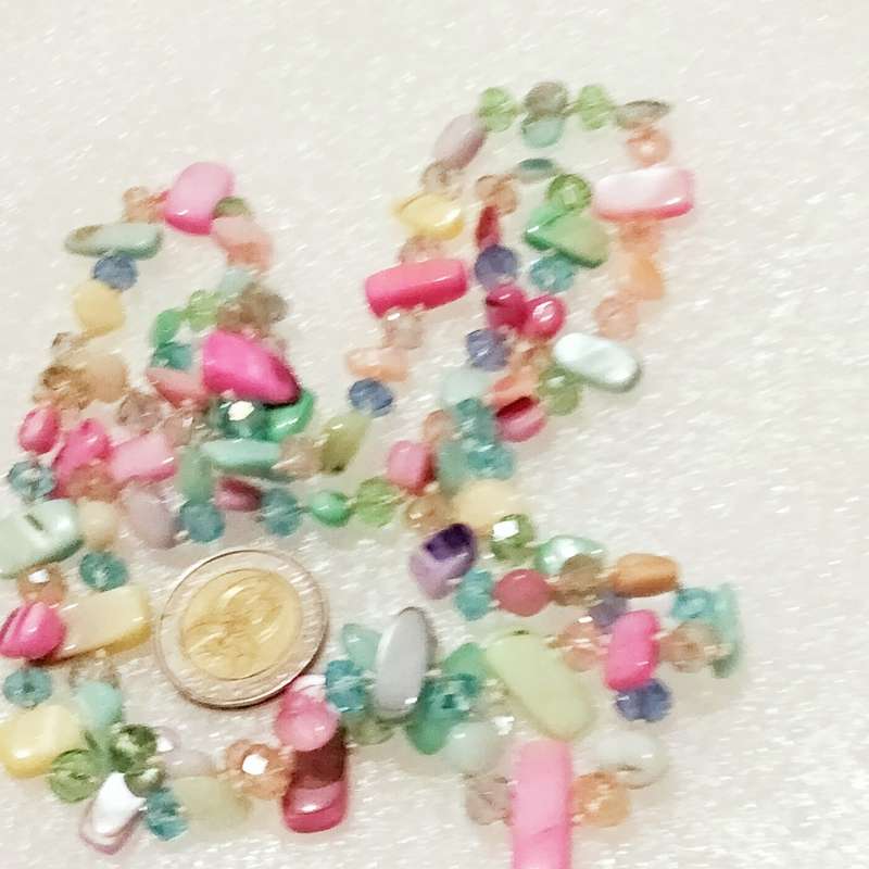 Necklace Genuine Mother of Pearl+ crystals cut glass Pastel shades hand knott between each bead