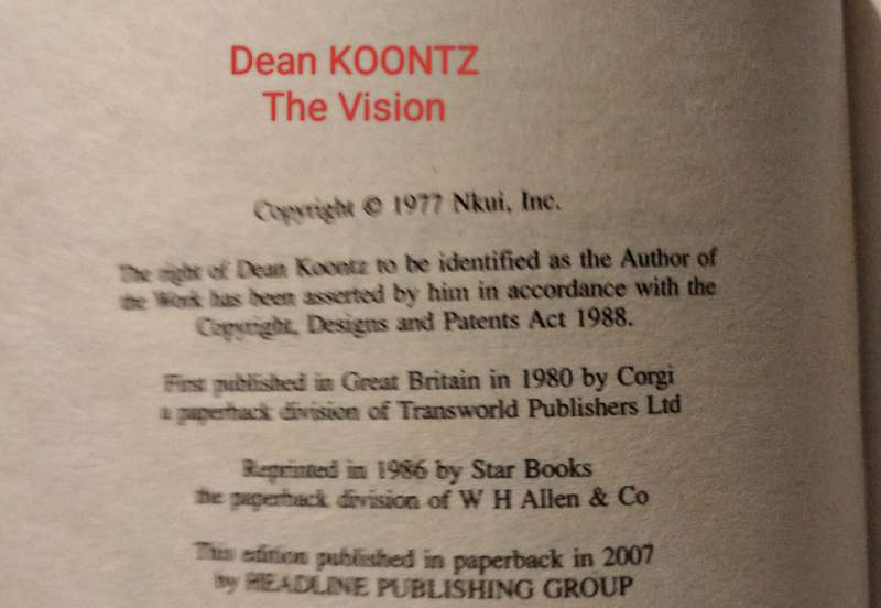 Book Author DEAN KOONTZ INTENSITY edition PB 1986+THE VISION this Edition 2007 soft cover Pre-owned