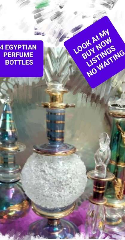4 Perfume Bottles+Stoppers EGYPTIAN  hand blown Glass Empty - LOOK At My BUY NOW LISTINGS NO WAITING