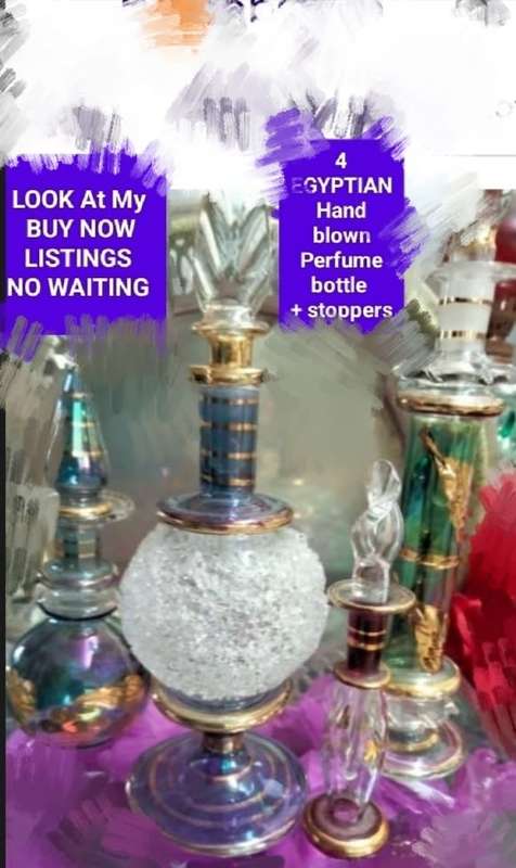 4 Perfume Bottles+Stoppers EGYPTIAN  hand blown Glass Empty - LOOK At My BUY NOW LISTINGS NO WAITING