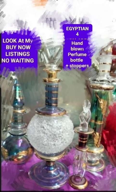 4 Perfume Bottles+Stoppers EGYPTIAN  hand blown Glass Empty - LOOK At My BUY NOW LISTINGS NO WAITING