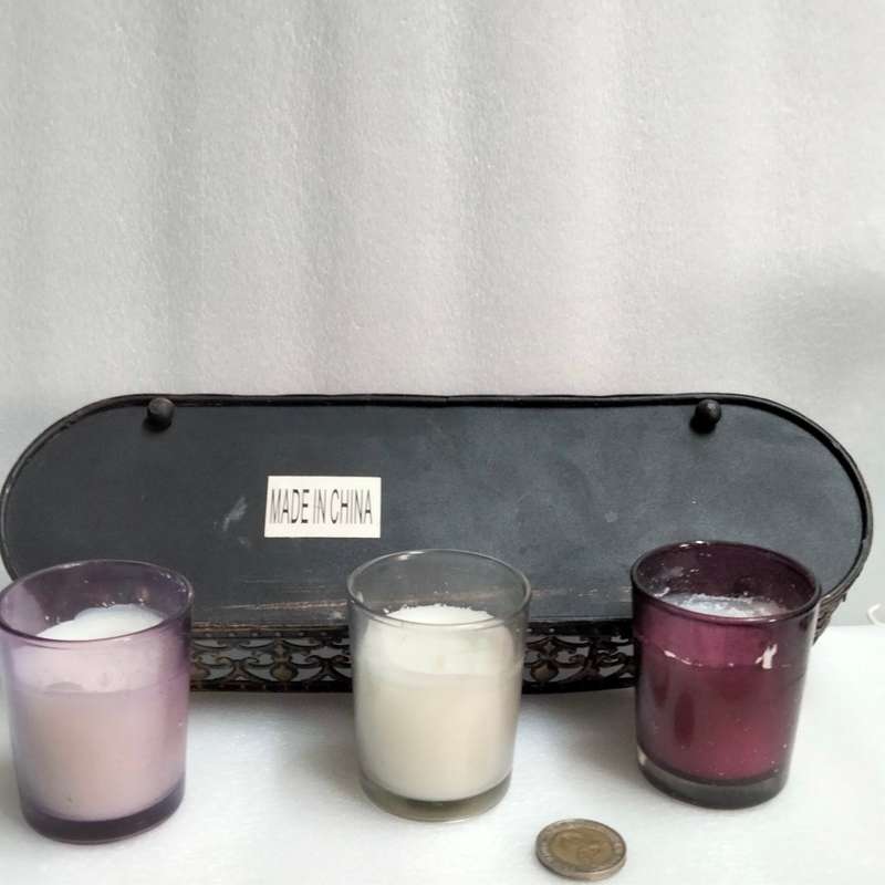 3 candle holders glass+used candles+Metal Rectangular flurdelys design LOOK At My BUY NOW NO WAITING