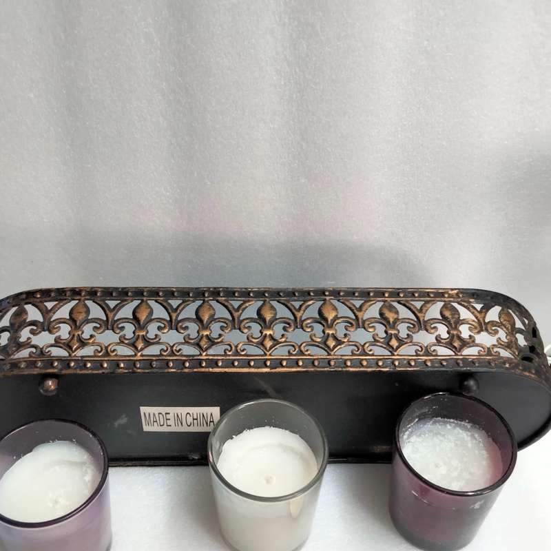 3 candle holders glass+used candles+Metal Rectangular flurdelys design LOOK At My BUY NOW NO WAITING