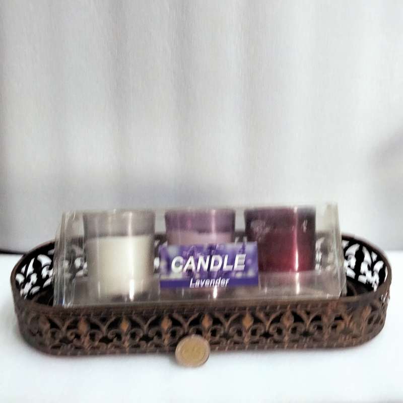 3 candle holders glass+used candles+Metal Rectangular flurdelys design LOOK At My BUY NOW NO WAITING