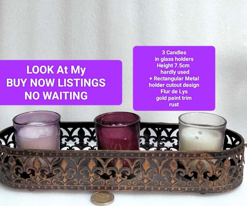 3 candle holders glass+used candles+Metal Rectangular flurdelys design LOOK At My BUY NOW NO WAITING