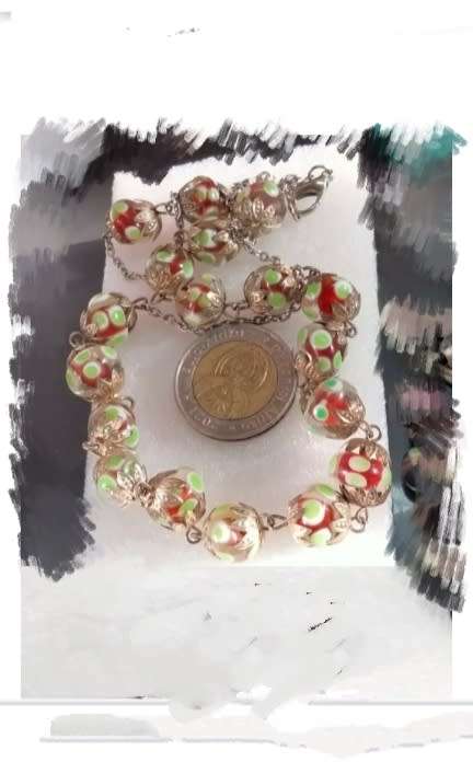 Necklace - Murano hand made Glass Lampwork spot green red white -chain Look at my buy now-No Waiting