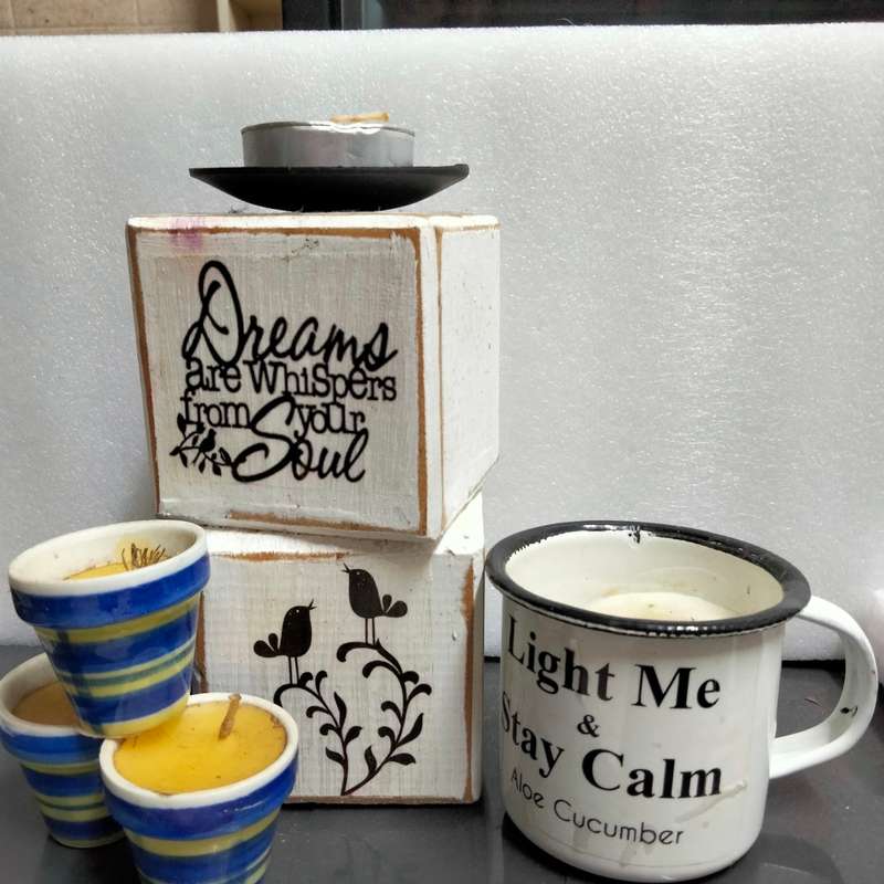 5 Candles Holders Wood blocks+metal mini Ceramic pots Enamel mug LOOK At My BUY NOW - NO WAITING
