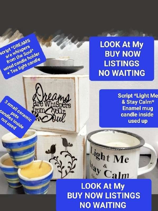 5 Candles Holders Wood blocks+metal mini Ceramic pots Enamel mug LOOK At My BUY NOW - NO WAITING