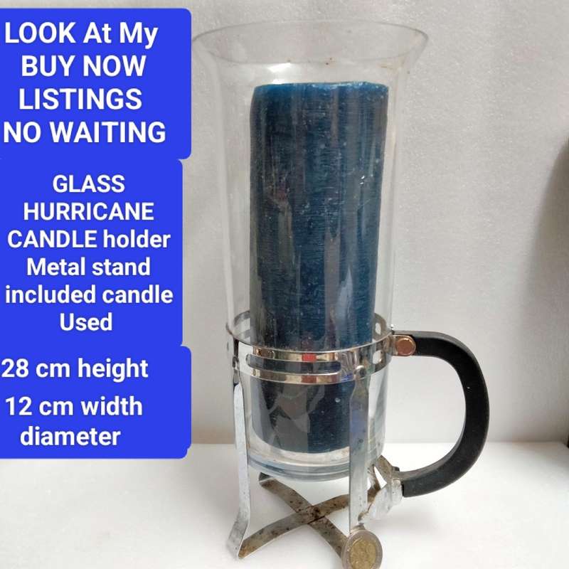 Unusual *Metal +Glass Hurricane Candle holder + Tall candle used *LOOK At MY BUY NOW LISTING