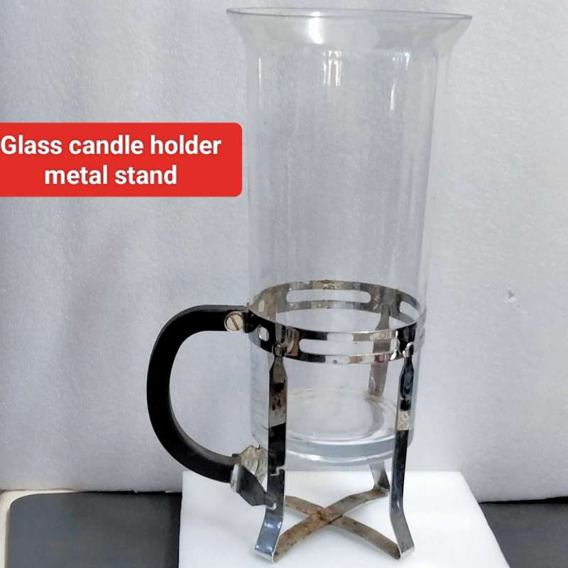 Unusual *Metal +Glass Hurricane Candle holder + Tall candle used *LOOK At MY BUY NOW LISTING