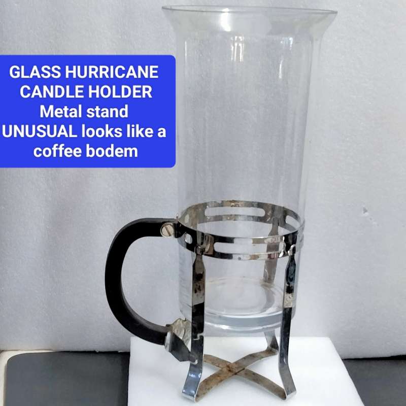 Unusual *Metal +Glass Hurricane Candle holder + Tall candle used *LOOK At MY BUY NOW LISTING