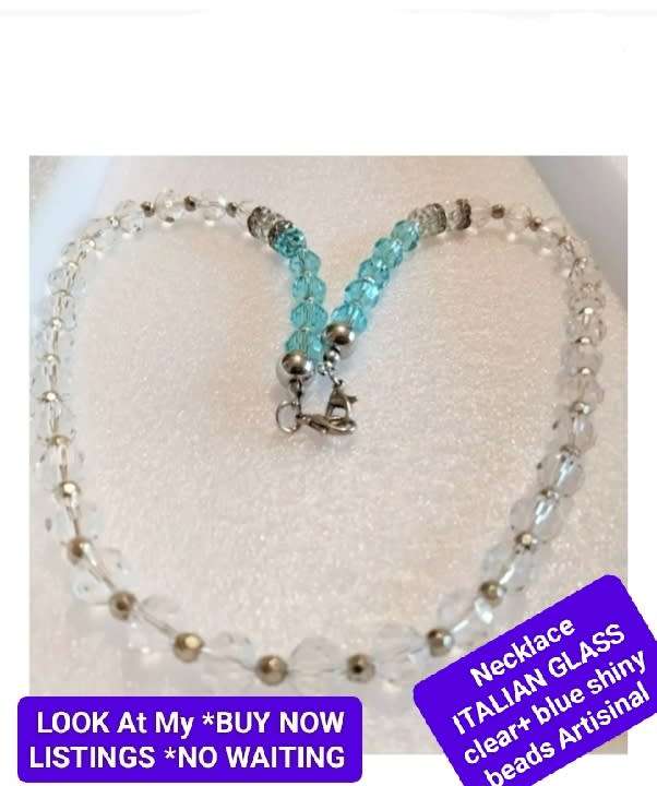 NECKLACE-Vintage Italian glass beads blue+clear mix shapes size spacers look at my Buy Now listings
