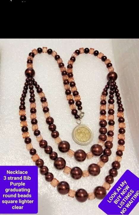 NECKLACE Bib  purple glass beads interspaced square lighter LOOK at my BUY NOW LISTINGS NO WAITING