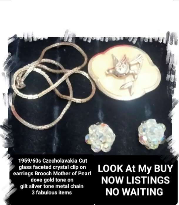3 Items *1950/60s EARRINGS Clip on Rhinestone stone cut glass Crystals +Brooch+Chain silver tone