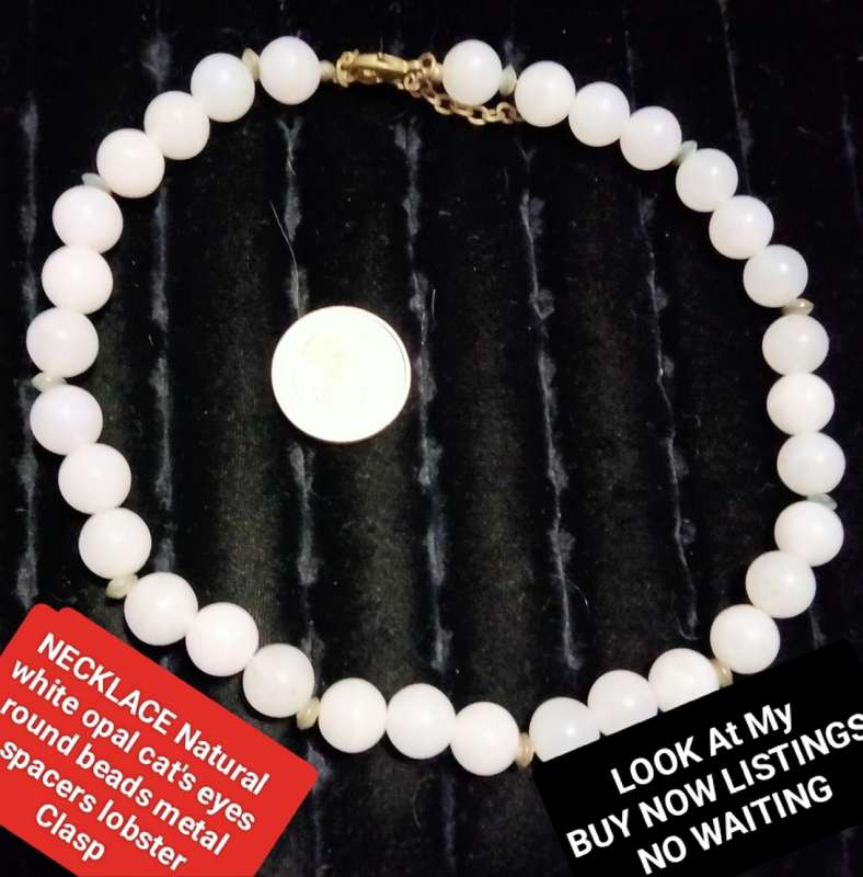 Necklace -Natural WHITE OPAL Cat's eyes SemiPrecious GEM stone cut Polished  stripes like cats eyes
