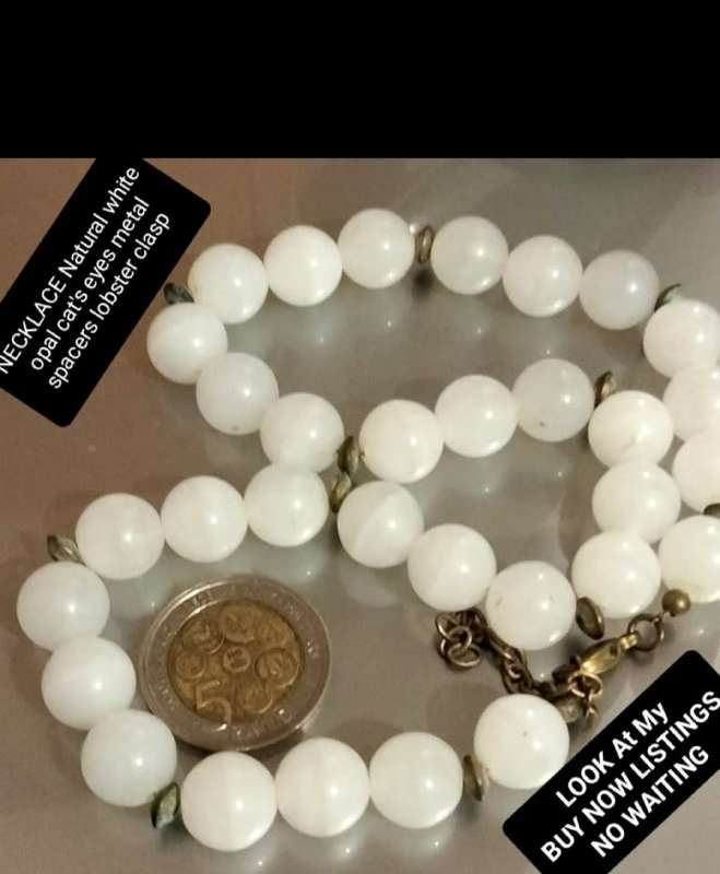 Necklace -Natural WHITE OPAL Cat's eyes SemiPrecious GEM stone cut Polished  stripes like cats eyes
