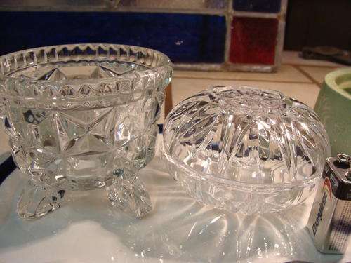 1 CUT CRYSTAL CIRCULAR LIDED BOX +VINTAGE CHUNKY FOOTED BOWL