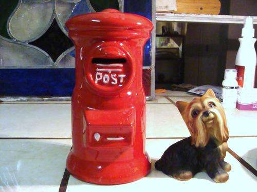ORNAMENTS 2-CERAMIC -1RED MONEY BOX  -1SMALL DOG  !!GO SEE MY  OTHER LOVELY TREASURES LISTED!!!