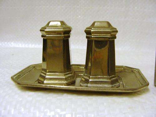 SALTS - 2 SALT+PEPPER POTS+TRAY Art Deco  Silver tone Metal Light house shape
