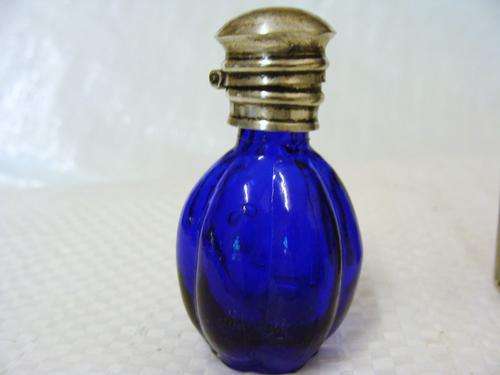 miniature BOTTLE  COBOLT BLUE hinged SILVER Lid -BEAUTIFUL
