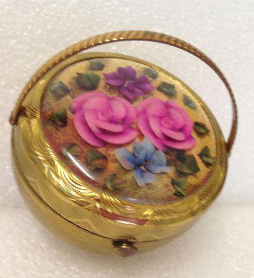 KIGU Basket Bouquet Compact reverse Floral Lucite Brass Repousse Engine turned For Extreme Collector