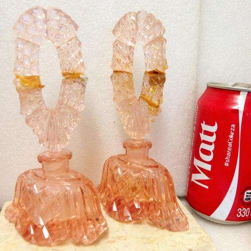 2 BOHEMIANCUT GLASS PINK PERFUME BOTTLES lids badly repaired*GREAT COUNTRY HOME DECOR*