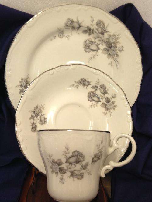 1 Trio- HUGUENOT ROYALE  "BOUQUET" BONE CHINA -Pretty  WHITE BACK WITH  Silver Trim