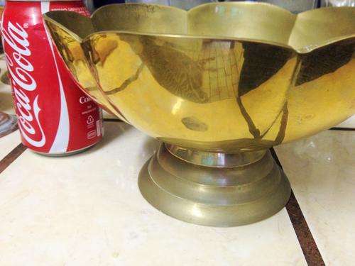 Brass Bowl solid large LOTUS flower Center Piece H 22 cm W.D. 18.5 cm SCALLOPED FOOTED RIBBED
